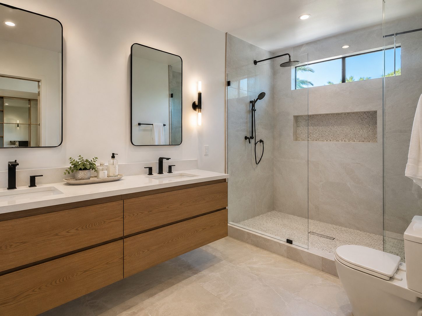 Primary bathroom with a floating white oak double vanity, matte black fixtures, twin black framed mirrors, and a glass walk in shower with a stone tile niche